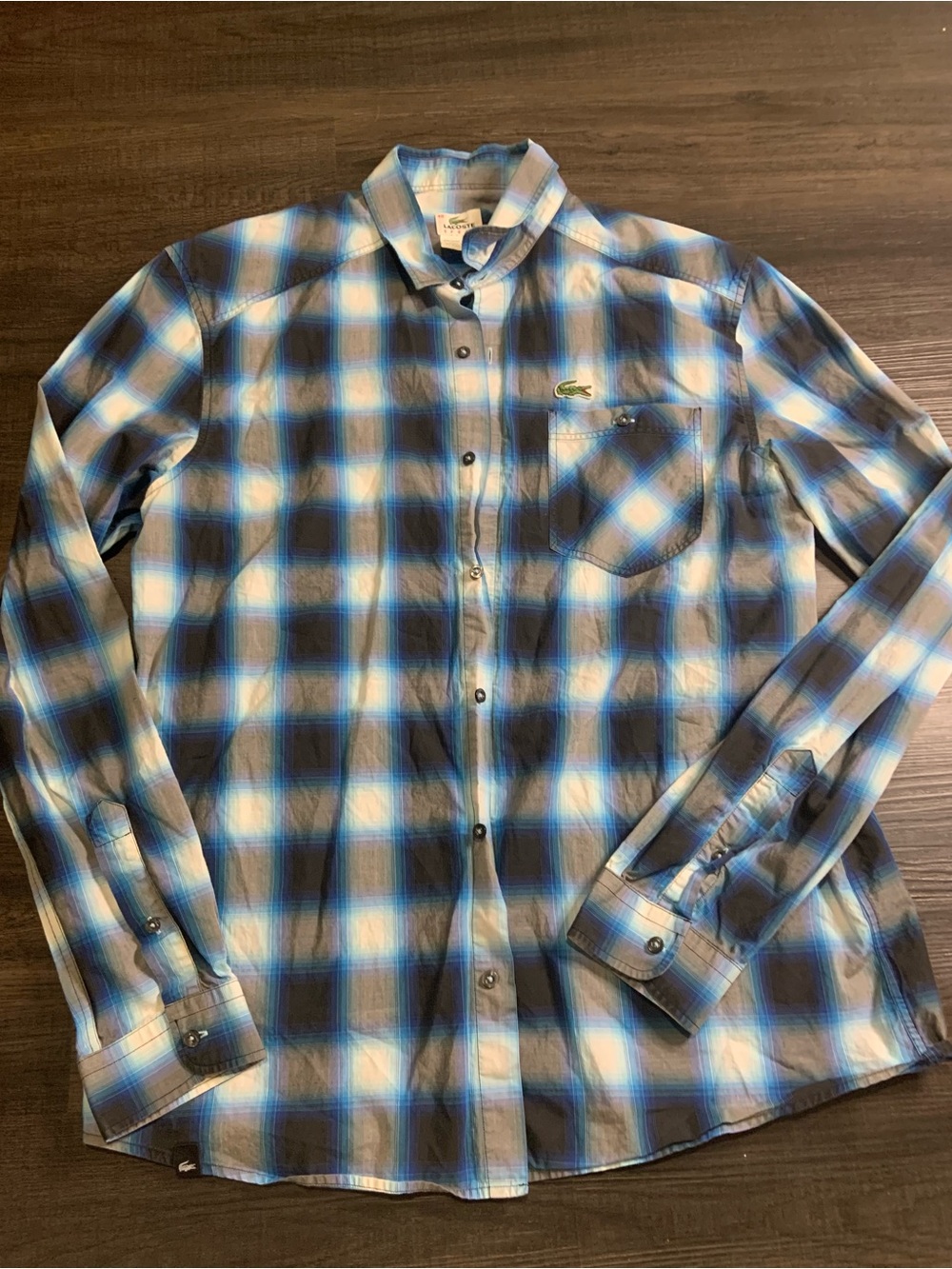 Lacoste Men’s Blue and White Plaid Button-Down Shirt